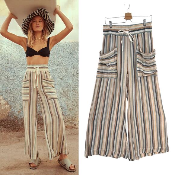 Free People Jones Beach Pants Wide Leg Striped Drawstring Pockets Size Medium - Picture 1 of 10
